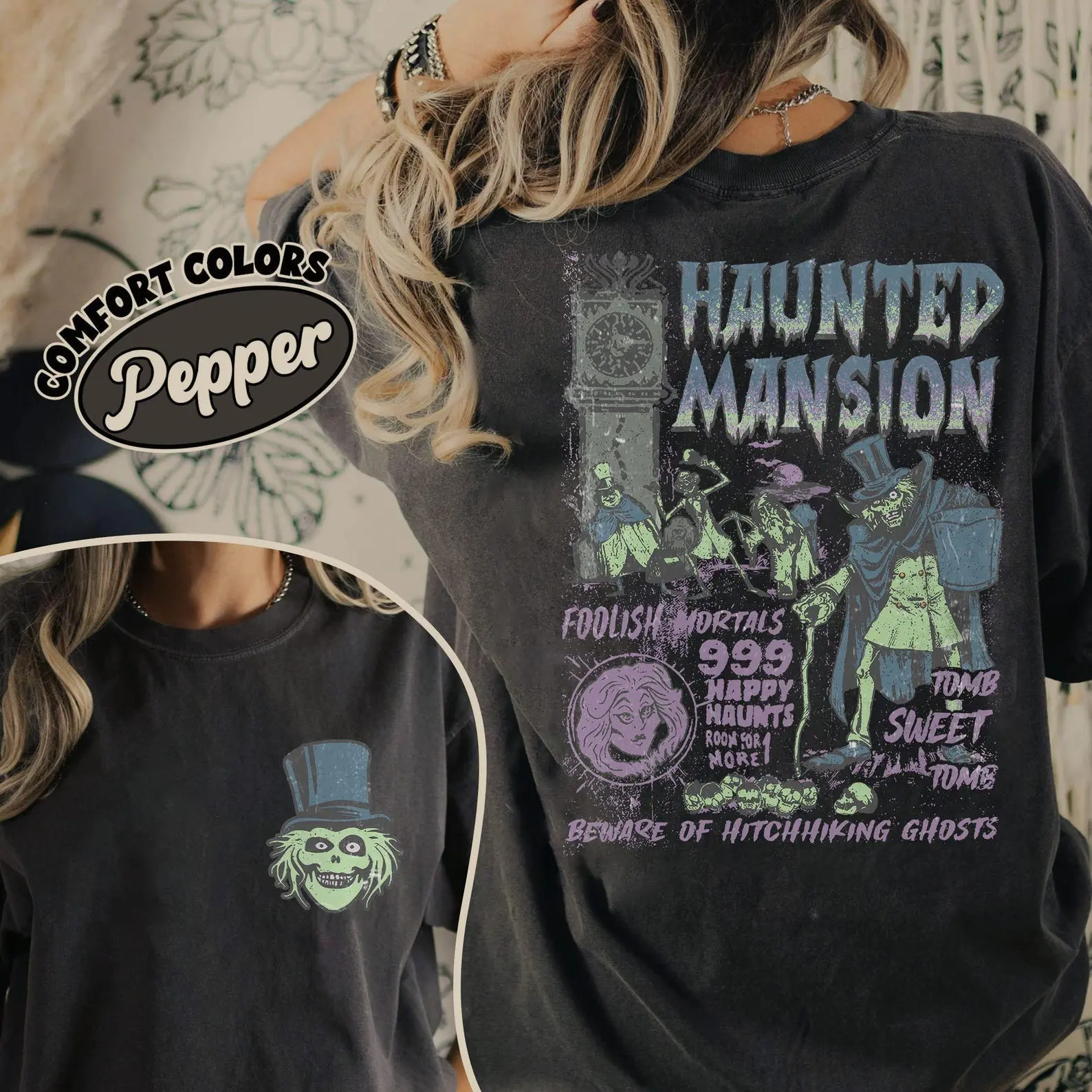 Retro The Haunted Mansion Two-Sided Shirt, Spooky Season Shirt, Madam Leota Hitchhiking Ghosts, Halloween Gothic Family Shirt
