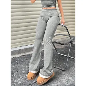 Ciel Fashion Women's Casual Solid Color Wide-Waist Flare Pants, Leggings Fold-Over Waist High Waist Ruched Slim Fit