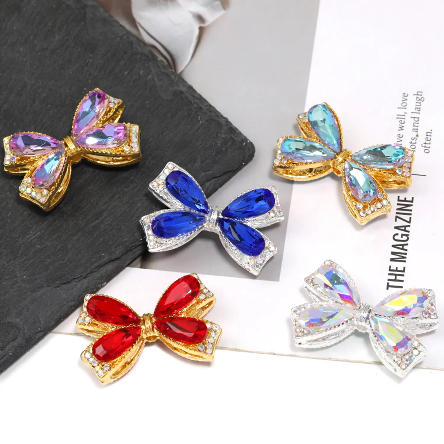 【B209】Colored glass diamond butterfly heart alloy beads