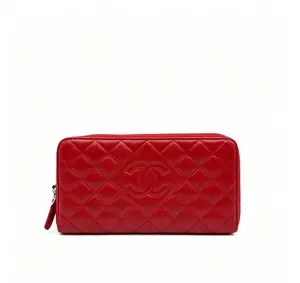 Pre-owned CHANEL H5 classic diamond checkered zipper long wallet red lambskin H17263