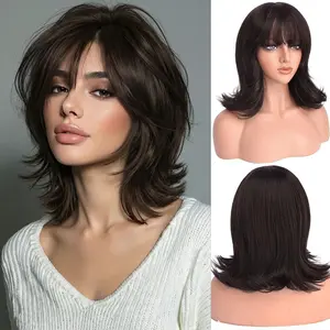 AISI HAIR Women's Glueless Short Layered Wig with Bangs, Natural Straight Heat Resistant Synthetic Full Machine Wig, Glueless Wig
