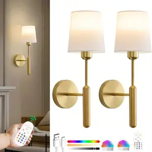 2 Pack Battery-Powered Wall Lamp Wireless with Dimmable Detachable Bulb & Remote Control 15 Colors Rechargeable for Bedroom Living Room Hallway Decor