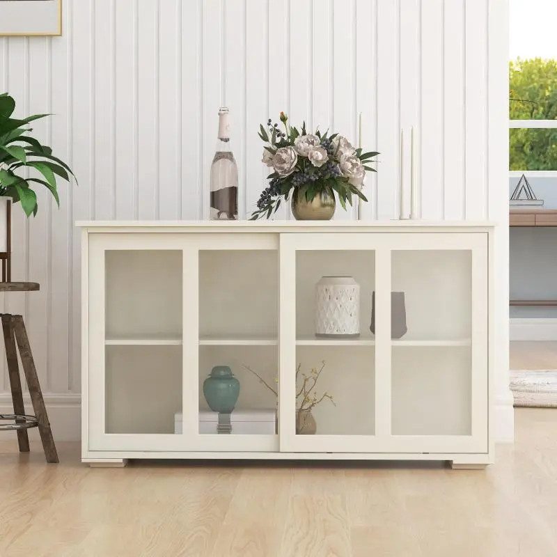 Bellemave Sturdy Modern White Freestanding Entryway Buffet Cabinet - 2 Sliding Doors, Adjustable Shelf, Durable Glass Door, Non-Slip Bottom, UV Paint Finish, All Parts Included, Requires Drill, Assembly Required, Functional Storage Cupboard for Entryway,,