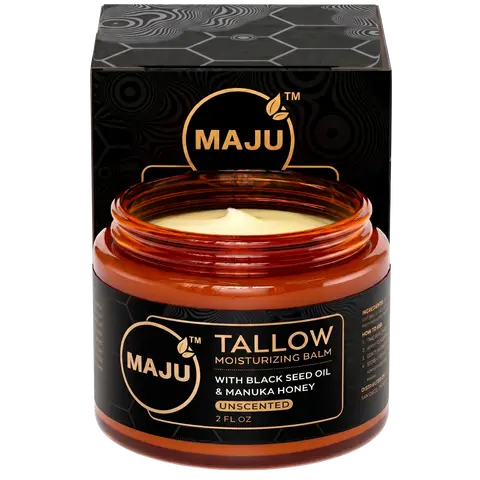 MAJU Tallow Black Seed Honey Balm, 2 FL OZ, Grassfed Beef Tallow, Manuka Honey, Organic Black Seed Oil & Beeswax, Gentle Moisturizer for All Skin Types, Radiant Hydrated Skin Care - Deeply Moisturizing