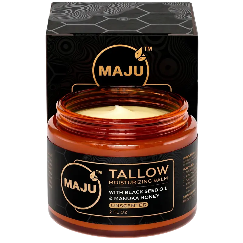 MAJU Tallow Black Seed Honey Balm, 2 FL OZ, Grassfed Beef Tallow, Manuka Honey, Organic Black Seed Oil & Beeswax, Gentle Moisturizer for All Skin Types, Radiant Hydrated Skin Care - Deeply Moisturizing