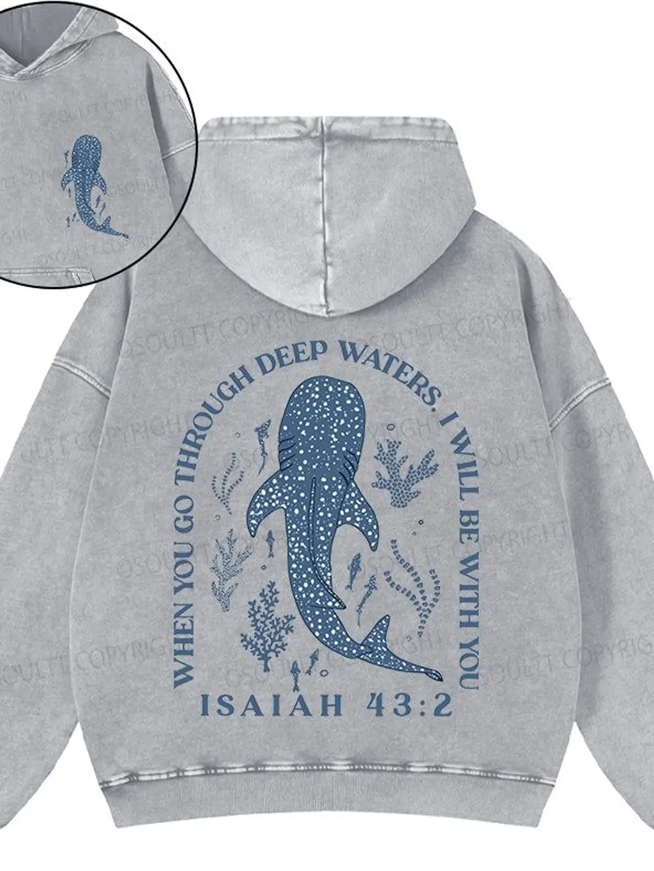 Men's Unisex Oversized Isaiah 43:2 Ocean Graphic Gray Washed Hoodie - Kangaroo Pocket, Casual Everyday Fabric, Christian Coastal Faith Streetwear Fit Pullover