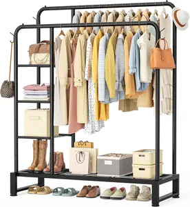 Double Rods Clothes Rack Clothing Rack with 4 Tier Storage Shelves Clothes Rack for Hanging Clothes Multifunctional Heavy Duty Clothes Organizer with Hooks for Bedroom,Wardrobe Closet,Shop,Black