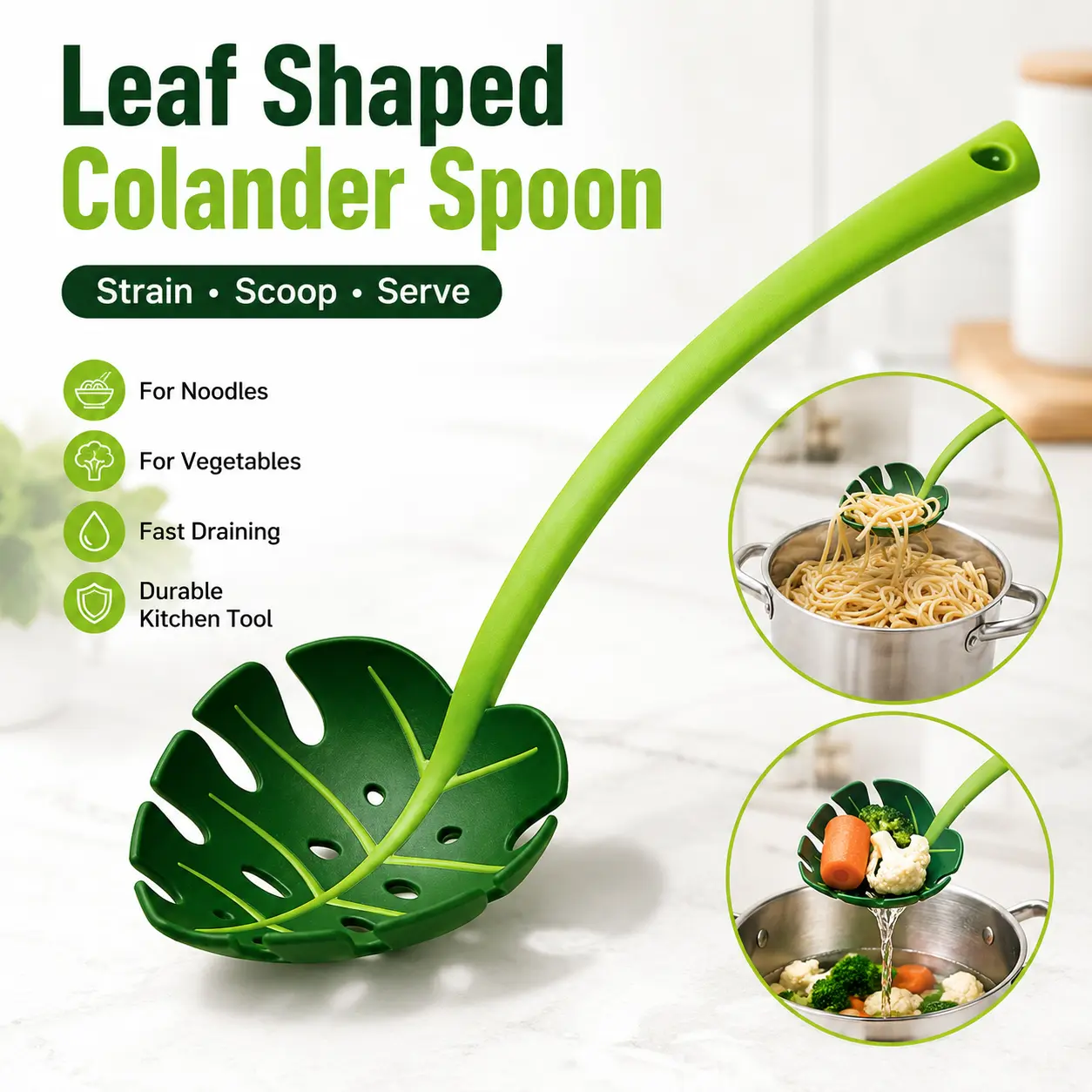 Green Turtle Leaf Shaped Colander Slotted Spoon - Durable Cooking Utensils, Countertop Kitchen Gadget, Creative Kitchen Art, All Seasons Daily Cooking Tool, Noodles Strainer, Stylish Home Tableware