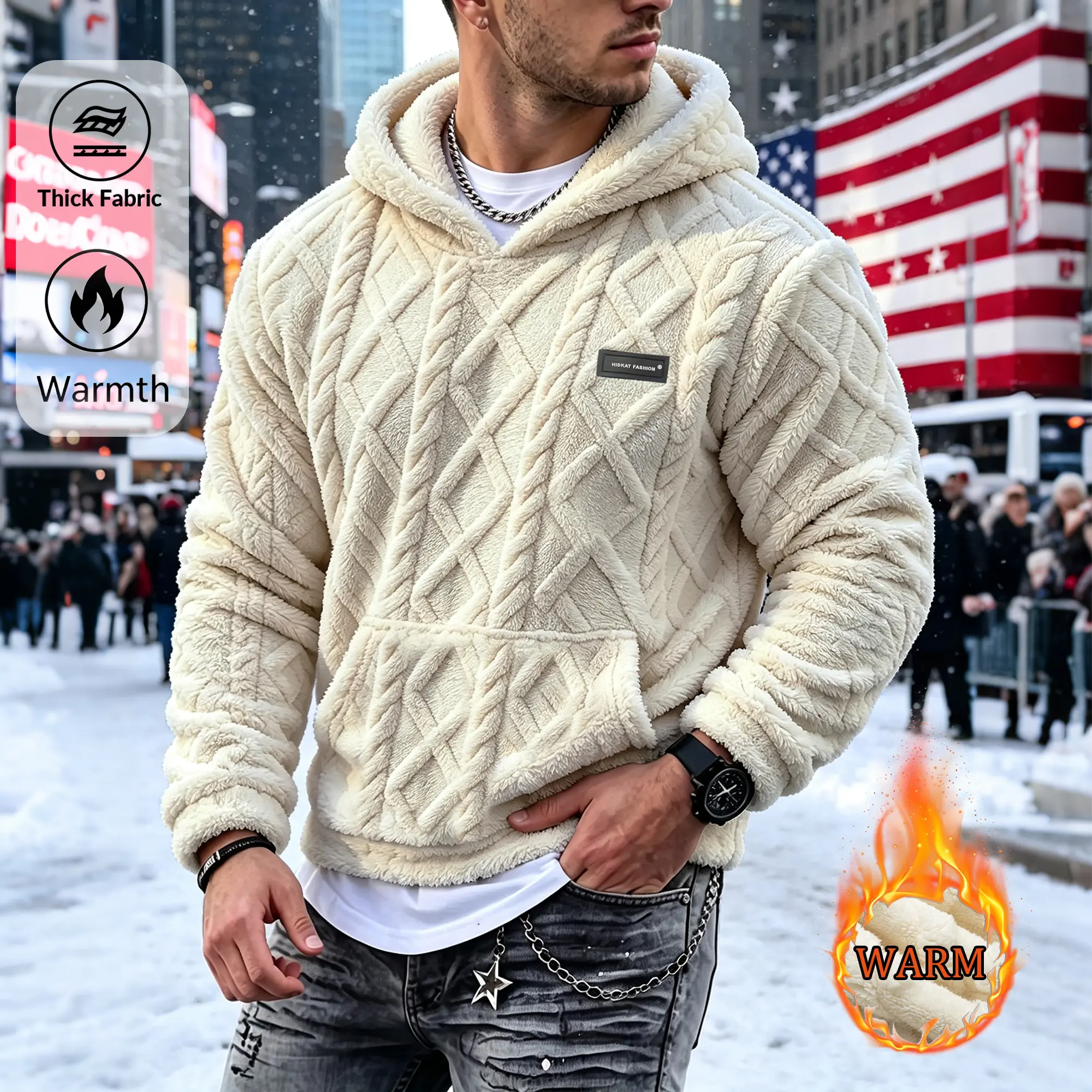 Men's hooded sweatshirt, thick rope hooded sweatshirt, warm winter pullover with kangaroo pocket, outdoor street casual long sleeved hooded sweatshirt, comfortable and soft plush hooded sweatshirt for cold weather