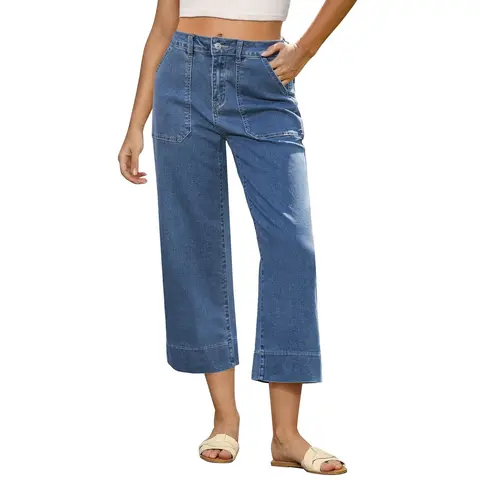 GRAPENT Lady's High-Waist Sculpting Denim Capri Pants for Women - Stretchy Straight-Cut Cotton-Blend Basic Bottoms with Pockets, Cropped Below-the-Knee Summer Machine-Washable Back-to-School Bottoms