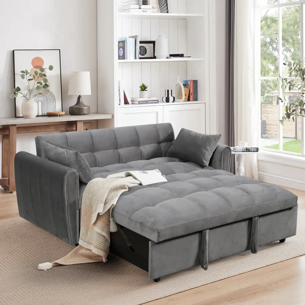 65-in Sturdy Plush 3-in-1 Foldable Velvet-Nylon Cloth Sofa Bed, Modern Double Indoor Office Sofa with Adjustable Back, Pillows & Easy Installation, Suitable for Living Room, Bedroom