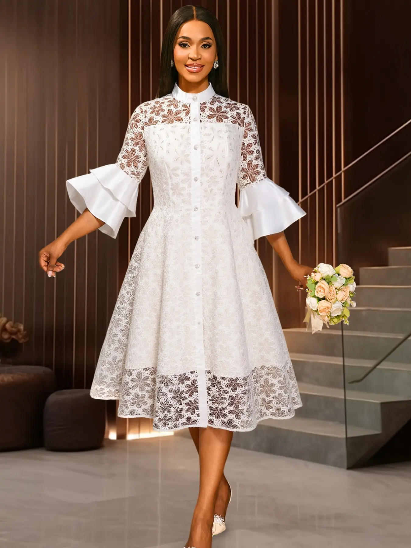 White Patchwork Lace Stand Neck Dress for Women with Flare Sleeve Button A  Line Sheer Elegant Formal Mid-Calf Wedding Guest Dress - TikTok Shop