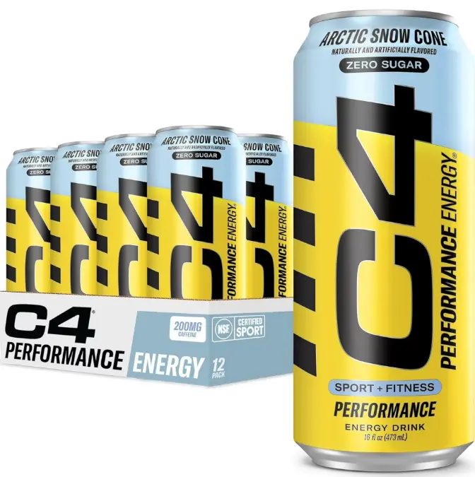 C4 Performance Energy Drink, Arctic Snow Cone Flavor, Zero Sugar, Carbonated, 16 fl oz Can, 12 Pack