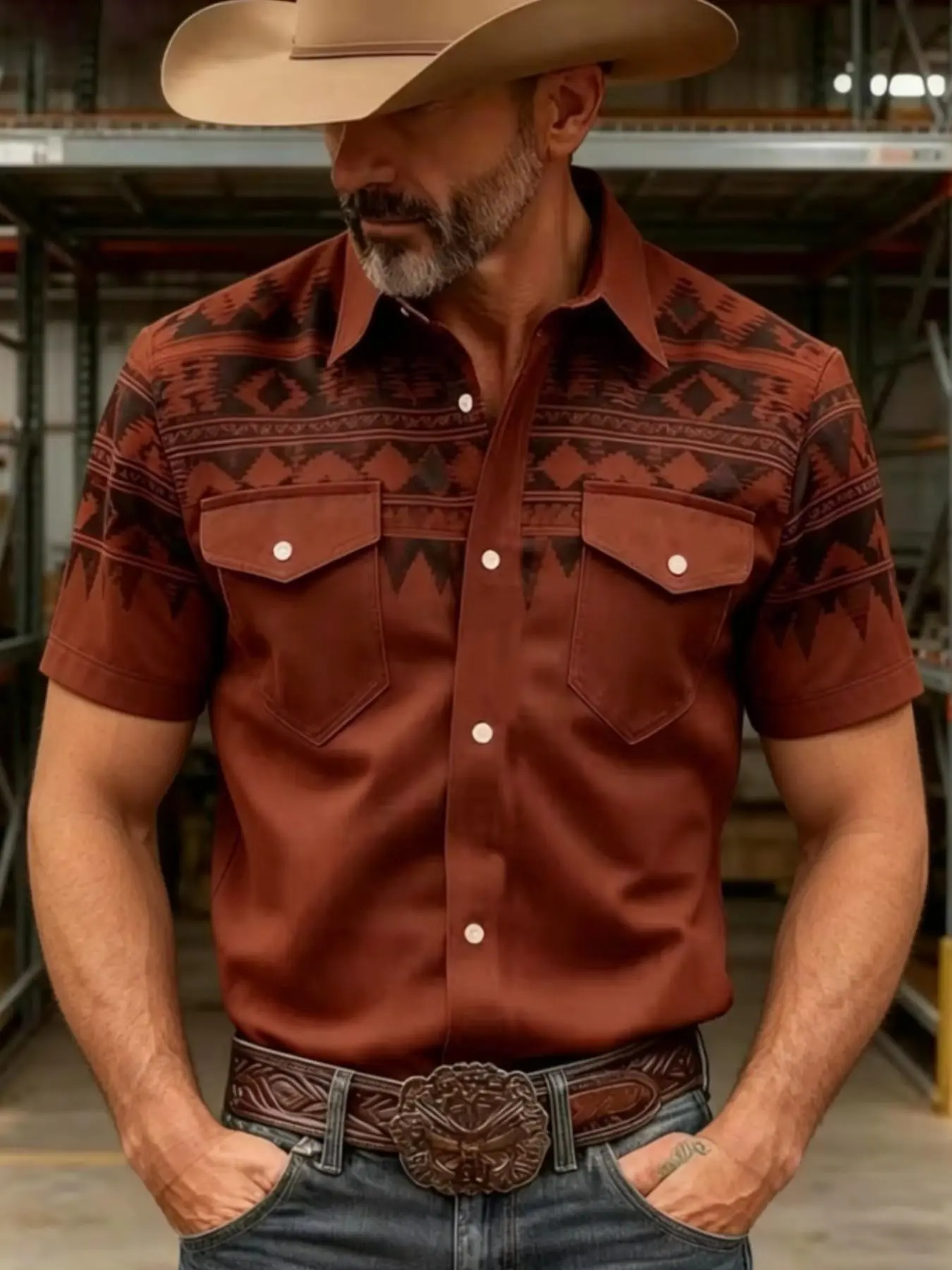 American Western Ethnic Print Retro Short Sleeve Shirt, Men's Casual Western Style Slim-Fit Workwear Top with Two Pockets