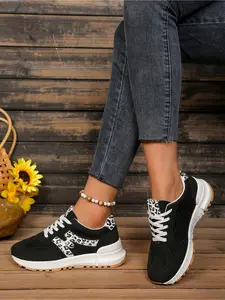 Women's Leopard Print Thick Sole Anti-Slip Dad Shoes, Breathable Mesh Casual Sports Sneakers, Height Increasing Almond Shoes