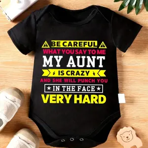 Beware My Aunt Adorable Cotton Youngsters Bodysuit - Short Sleeve, Colorful Letter Print, Machine Washable, Unisex, Fitted, Suitable for 6-9 Months
