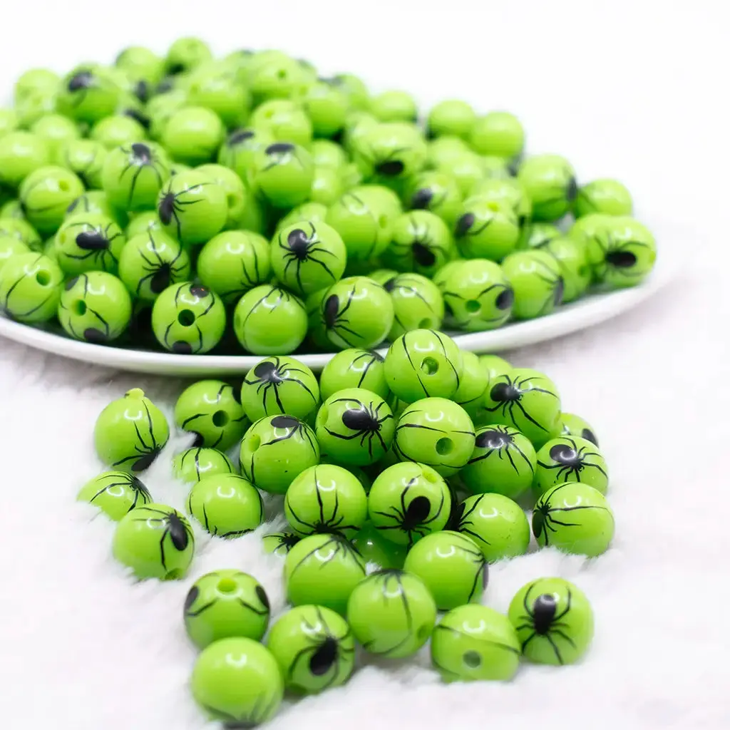 12mm Green with Black Spider Print Bubblegum Beads