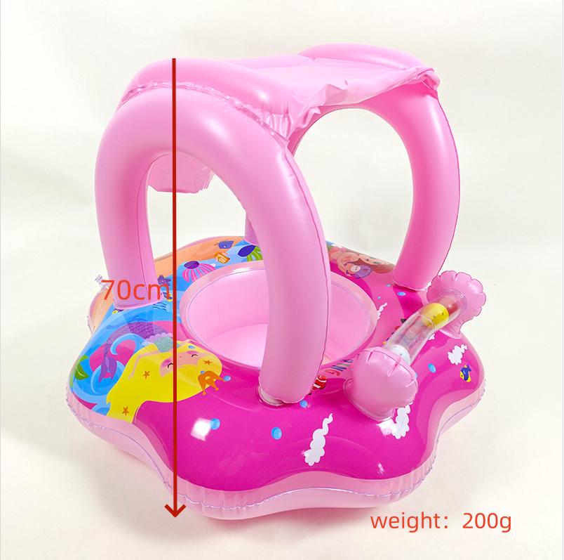 Anti-Rollover Baby Swim Ring with Canopy,  Inflatable Seat with Toy Bar for Safe Summer Water Play