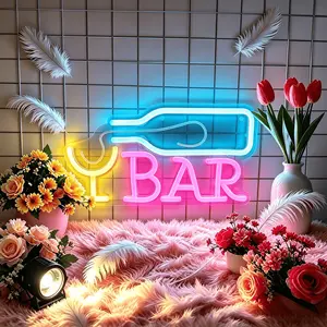 BAR Wine Bottle & Glass Neon Sign, USB Powered Colorful LED Neon Wall Light, Home Bar Pub Club Man Cave Lounge Business Atmosphere Decor
