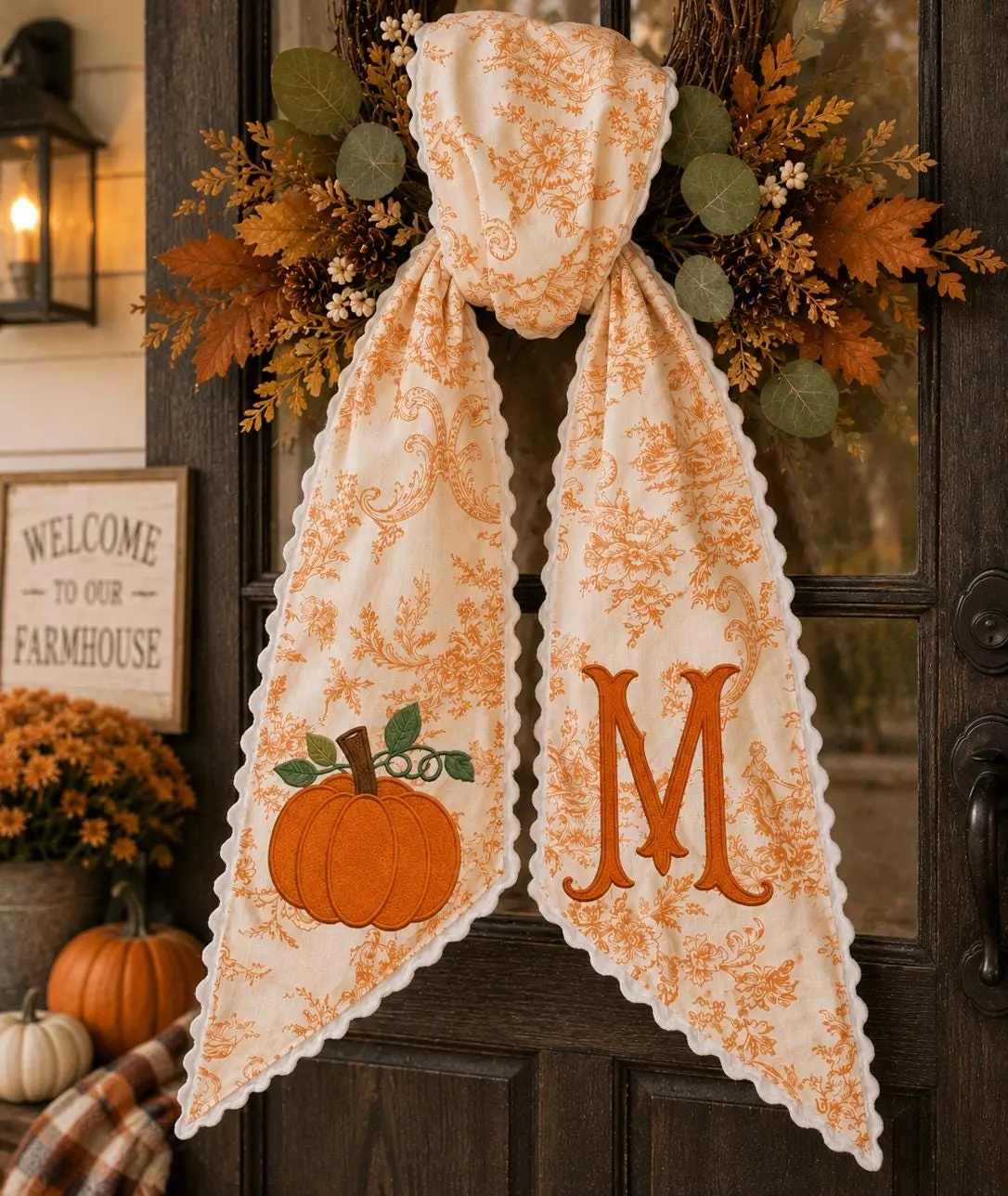 Personalized Pumpkin Monogram Orange Toile Sash, Fall Embroidered Wreath Sash, Custom Initial Farmhouse Wreath Bow, Front Porch Decor Gift