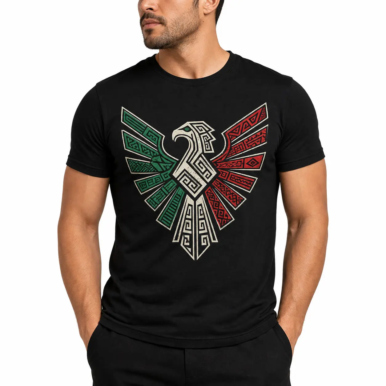 Men's Classic Cotton Graphic Sports Top, Latino Heritage Design with Green-White-Red Mexico Eagle Tribal Art, Menswear for Joggers (Cargo-Inspired Comfort), Simple
