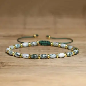 Natural Moss Agate Rice Beads Braided Bracelet - Handmade Adjustable Gemstone Beaded Healing Bracelet