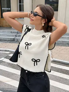 Stand Collar Bow Embroidered Colorblock Wooden Trim Knit Top, Fashionable Casual Sweater with Tie, Versatile Women's Top