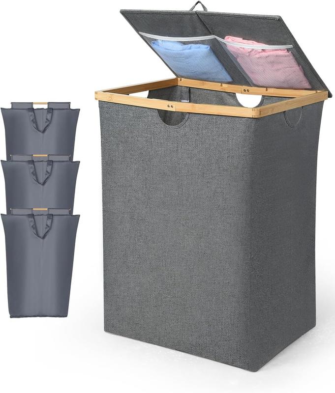 OTraki 3 Section Laundry Hamper with Lid, 150L Clothes Hampers for Laundry with Bamboo Handles and Removable Bag, Large Foldable Laundry Basket for Bedroom, Bathroom, Dorm, Laundry Room, Grey