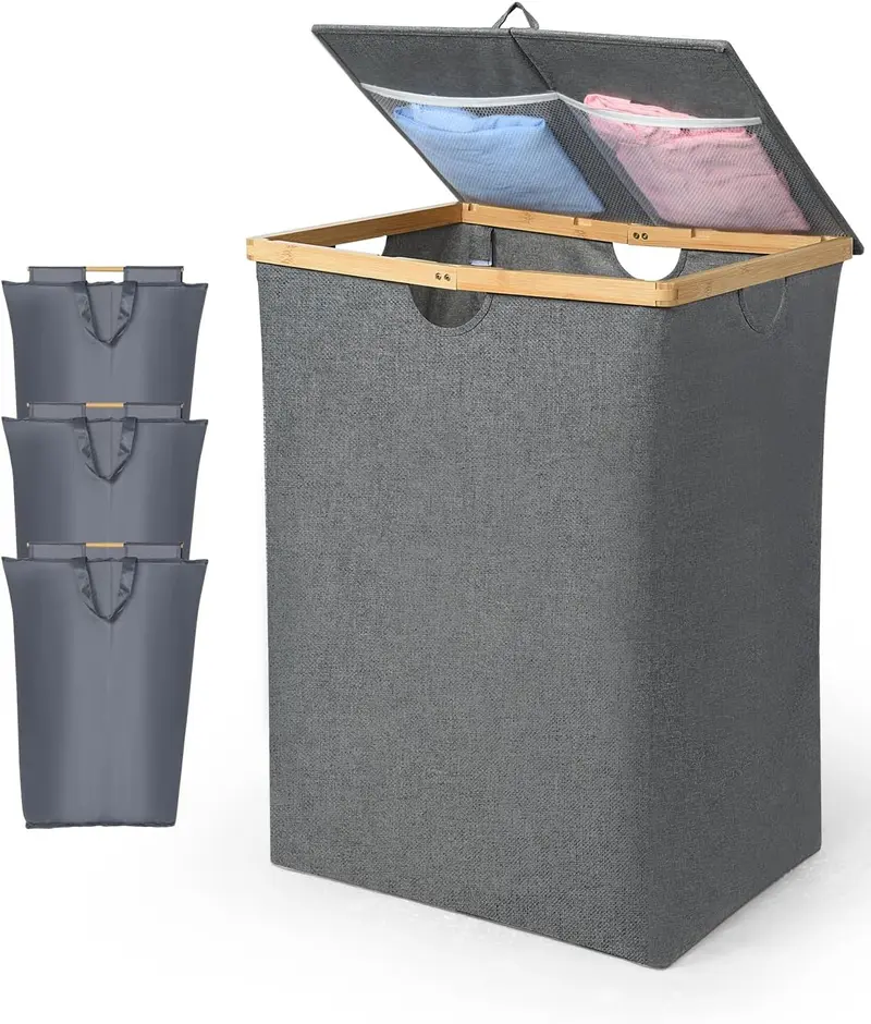 OTraki 3 Section Laundry Hamper with Lid, 150L Clothes Hampers for Laundry with Bamboo Handles and Removable Bag, Large Foldable Laundry Basket for Bedroom, Bathroom, Dorm, Laundry Room, Grey