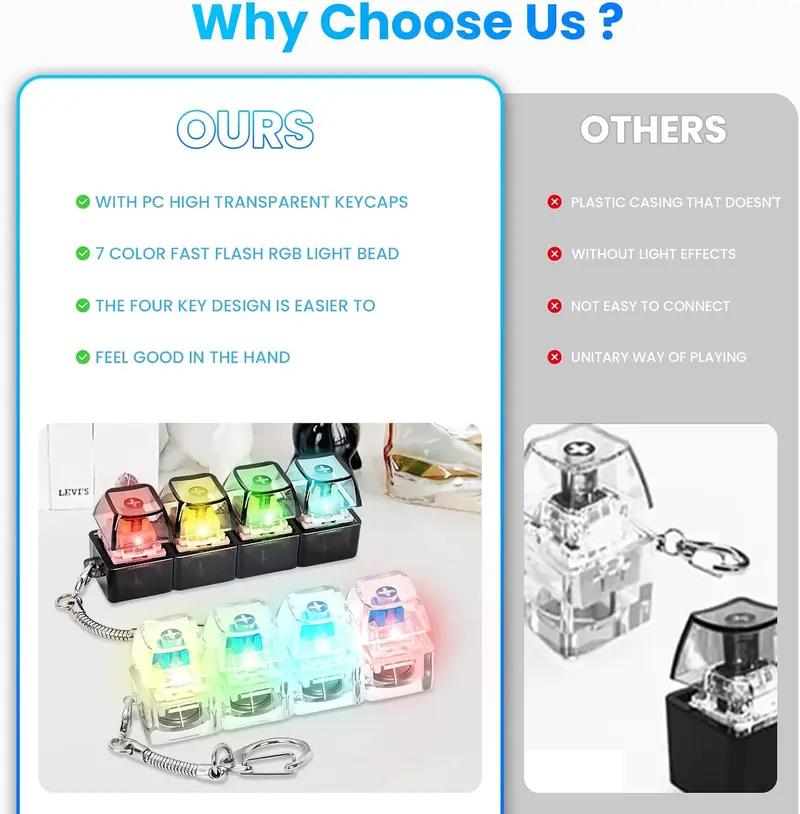 2 Pack Keyboard Fidget Keychain with Colorful LED Lights, Keyboard Fidget Toy, 4-in-1 Stress Clicker Toy, Keyboard Button for Anxiety Relief,Decompression  SqueezeToy for for Adults, Office, Library & Daily Use, Transparent Black & White