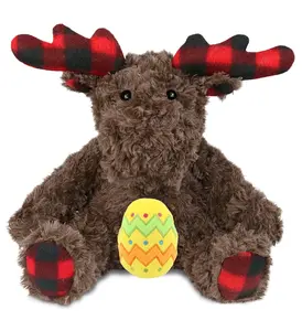 DolliBu Super Soft Plaid Curly Moose with Yellow Easter Egg Plush - 10 Inches