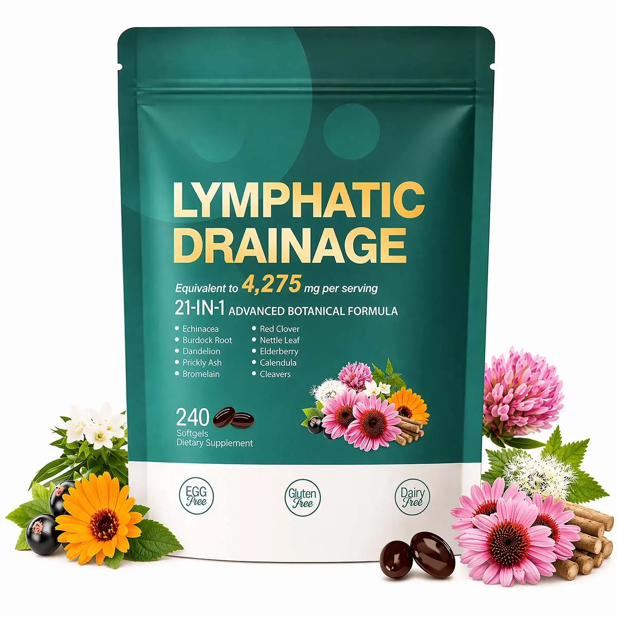 Botanical Herbal Lymphatic Support Capsules, 240 Count, with Dandelion, Burdock Root, Echinacea, Turmeric & Calendula, Supports Immune Function & Metabolism