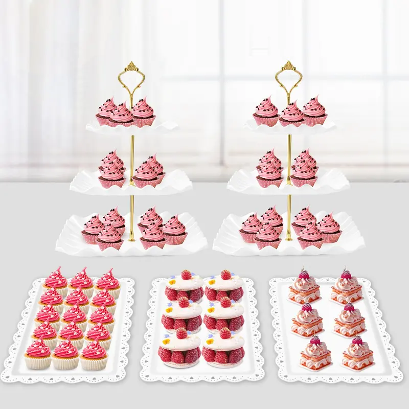 5 PCS Dessert Table Display Set, 2 Cupcake Tier Tower & 3 Serving Tray Combo, Cup Cake Stand Holder for Tea Party, Birthday, Baby Shower