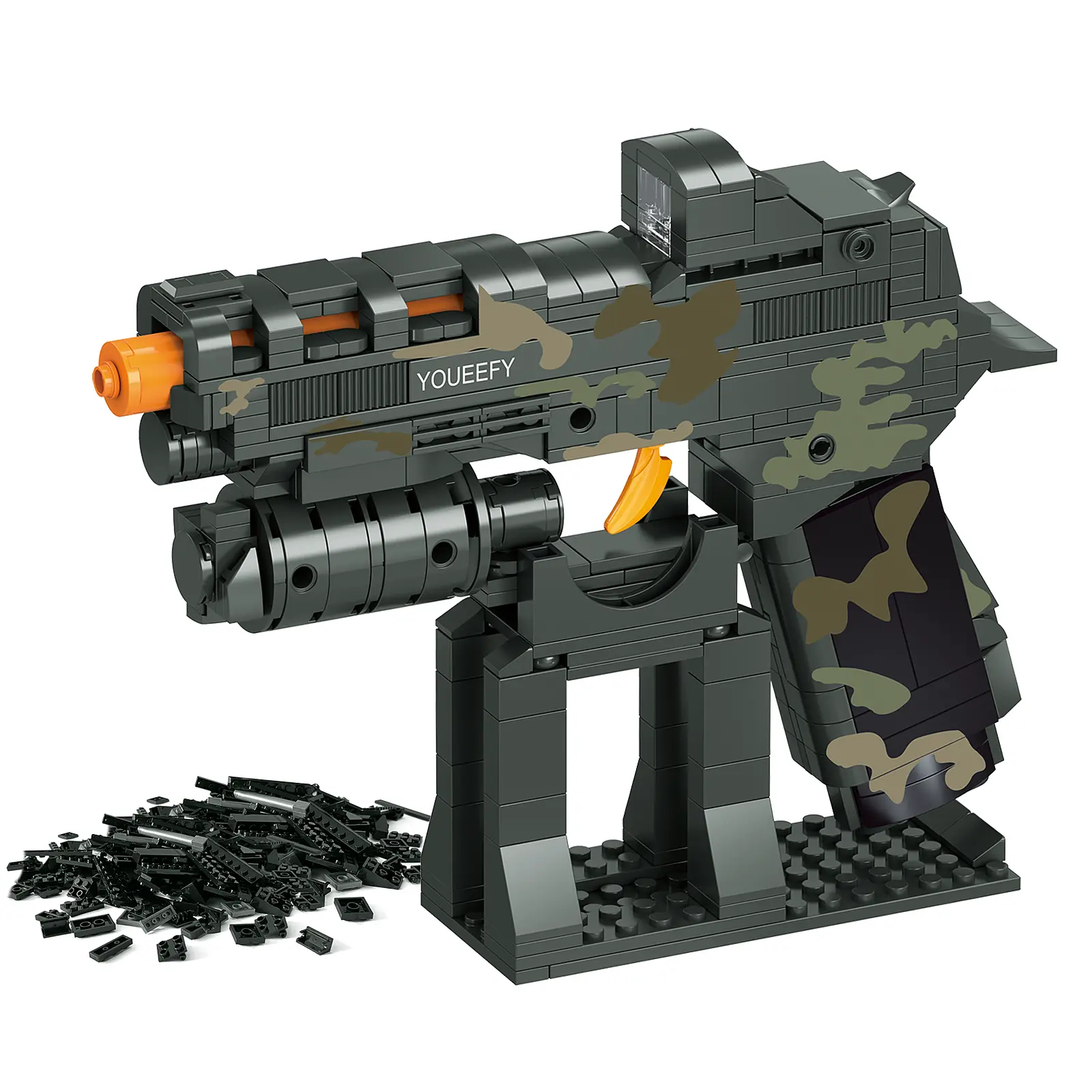 P320 Camo Plastic Building Block Set with Display Stand - 400+ Pcs, Buildable Model Figures, Bricks, Minifigs, Military Themed DIY Toy for Hobby Escape, Hands-On Learning, House Decoration Adult Gift