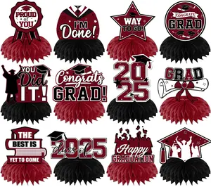 12Pcs Maroon Graduation Decorations Class of 2025 Honeycomb Centerpieces, Graduation Centerpieces for Tables Maroon Congrats Grad Graduation Table Decorations, Maroon Graduations Table Toppers