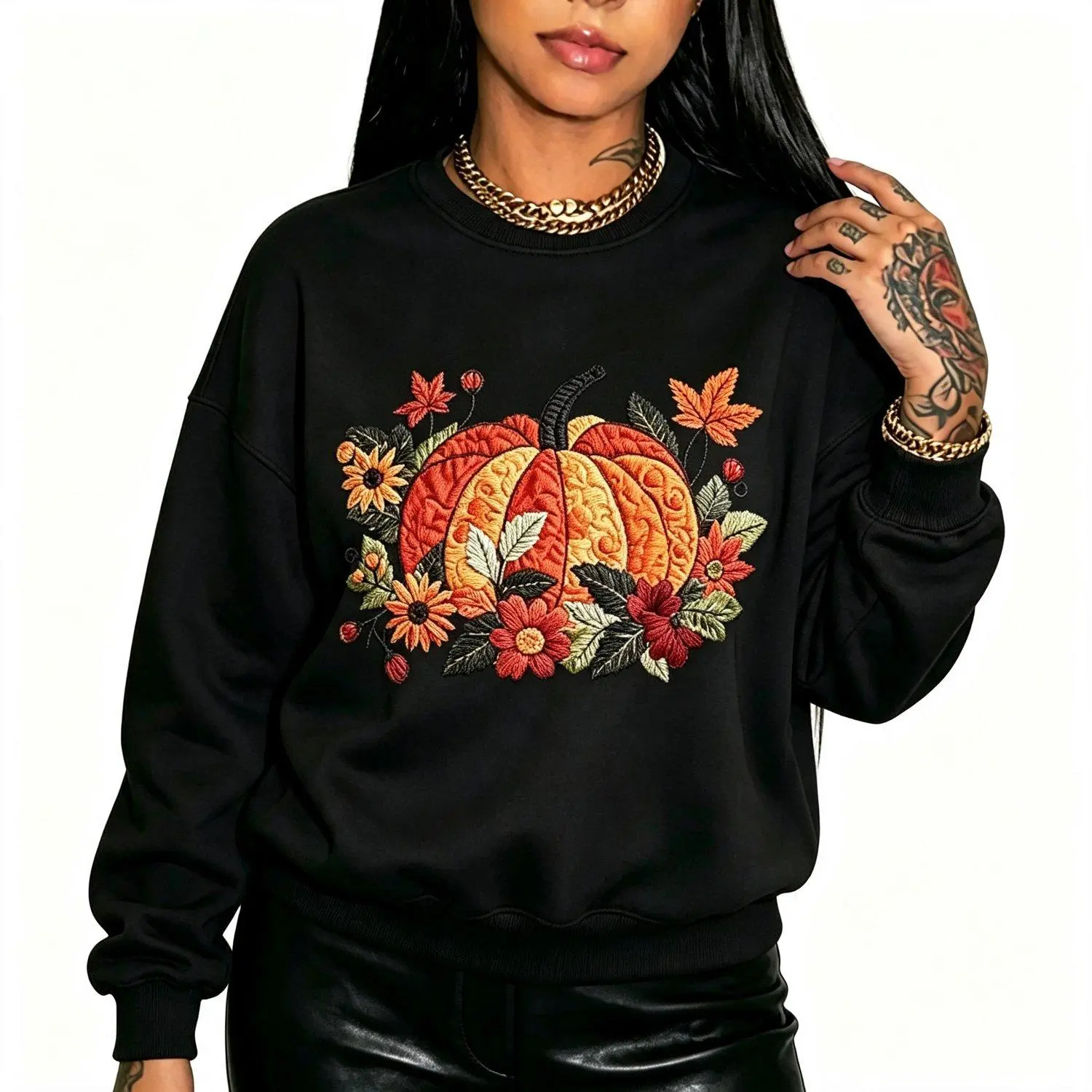 Faux Embroidery Pumpkin Floral Fall Autumn Retro Floral Pumpkin Design Thanksgiving Long Sleeve Crew neck sweatshirt Pullover Casual Cozy Vintage