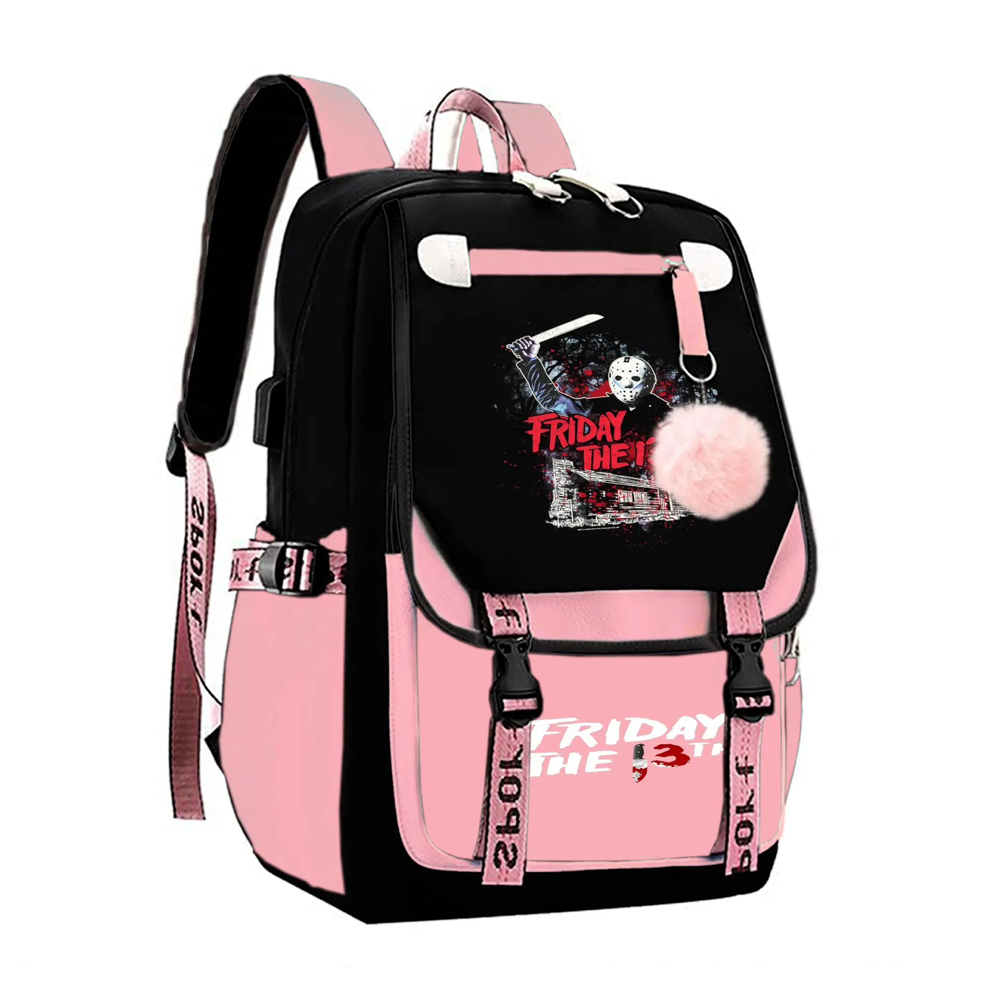 Michael Myers Graphic Backpack for Girls, Y2K Pink and Black School Bookbag with Keychain, Waterproof Travel Laptop Bag for Teens College d-15