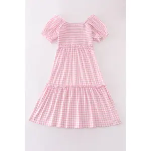 Pink gingham smocked women dress
