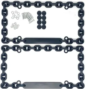 Universal Chrome Mega-Metal Round Chain Link Design License Plate Frame with Screws Caps, Set of 2 (Black)