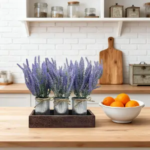Artificial Lavender Flowers Farmhouse Decor Set with Wood Tray & Metal Pots, Faux Flowers Table Centerpiece Shelf Desktop Home Decor