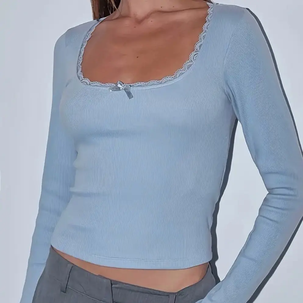 Ribbed Solid Lace Trim Long Sleeve T-shirt arm
