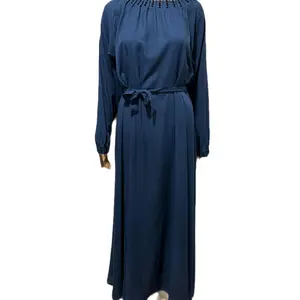 RYA Modest Attire Navy Blue Everyday Abaya with Embellished Neckline and Tie Waist Design