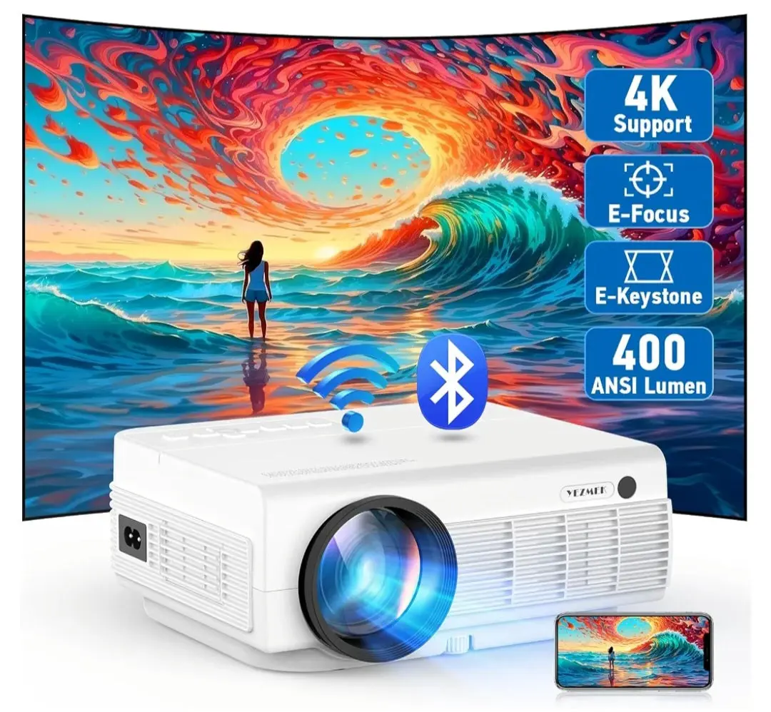 The YEZMEK V7 Portable projector featuring native 1080p Full HD resolution, dual-band 2.4G/5G Wi-Fi, and Bluetooth connectivity.Key