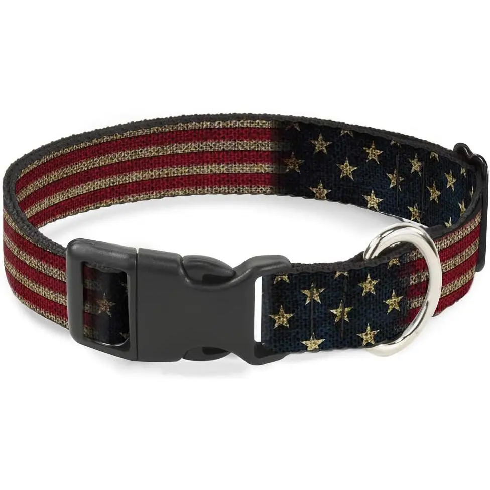 Buckle-Down Polyester Dog Collar with Strong Buckle - Plastic Clip, Bold Vintage US Flag Stretch, Vibrant Print, [Specify in] Wide, Fits [Specify in] Neck, Large Size Collar