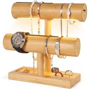 LED   Organizer Stand - Bracelet Holder,  Organizers and Storage for Necklace, Watch, Earring, Ring - Built-in LED Light  Wooden  Display Stand for Dresser Decor