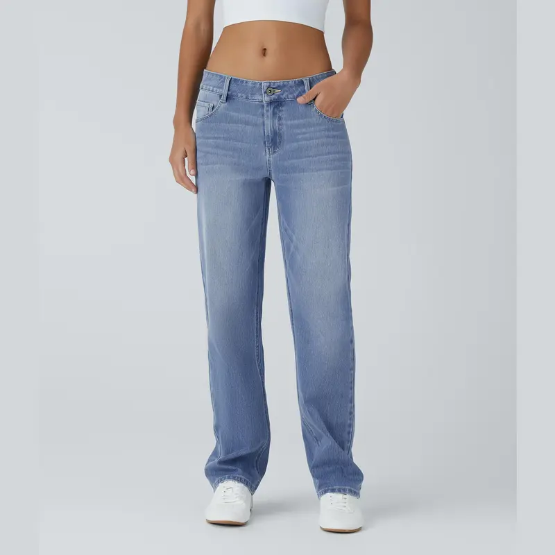 Halara Flex Low Rise Zipper Pockets Straight Leg Washed Casual Jeans