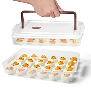 Deviled Egg Containers with Lid, (Set of 2), Plastic Deviled Egg Tray Carrier with Handle for 48 Eggs, Clear Storage Egg Platter for Devil Egg, Fridge Stackable Portable Egg Holder