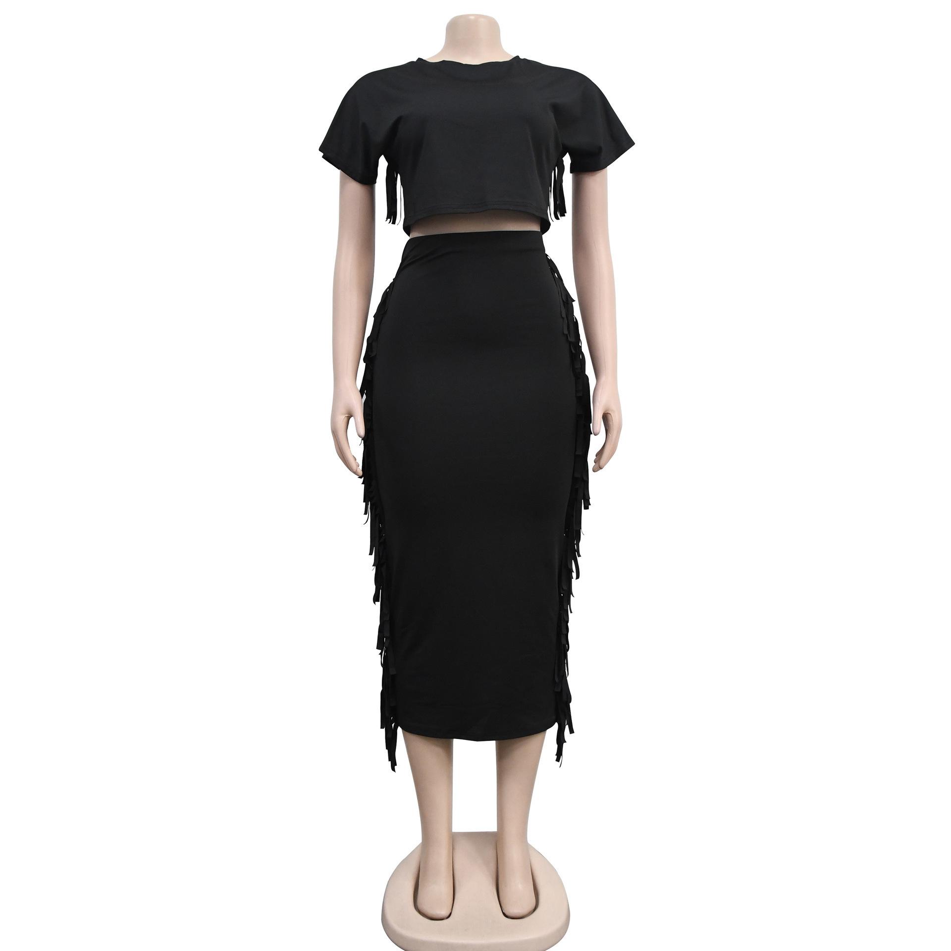 FashionableStyle Solid Color Fringe Round Neck Short Sleeve Long Dress Two-Piece Set