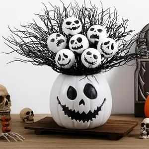 Halloween Table Centerpieces Decor Resin Pumpkin Vase with Artificial Ghost Skull Face Balls Branch Flower Soil, Retro DIY Spooky Pumpkin Vase for Home Kitchen Indoor Decoration(Scary Face)
