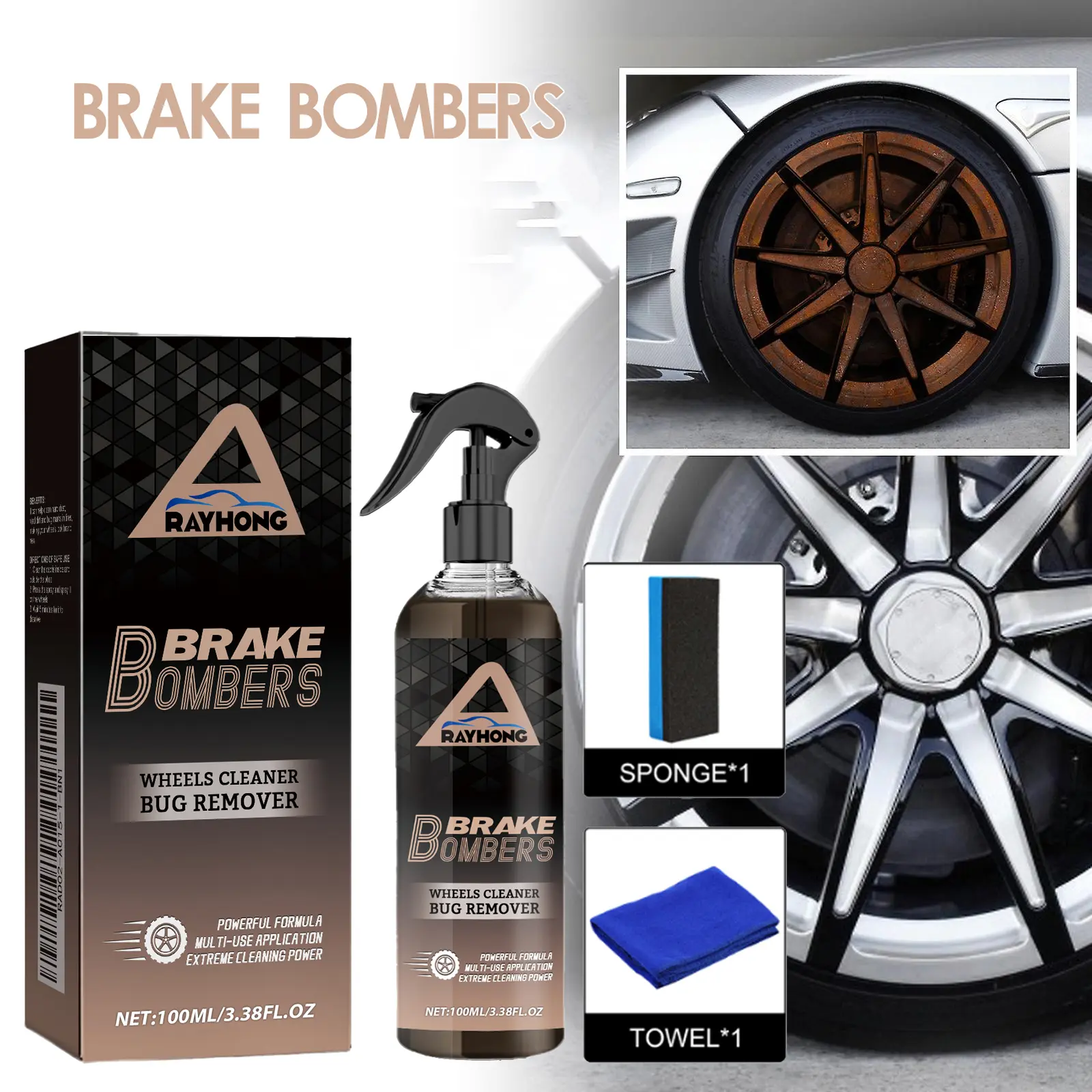 BrakeBombers Pro Brake Cleaner & Wheel Restoration Kit - Professional Dust Remover Rust Eliminator Noise Prevention Spray for Cars Trucks Motorcycles with Quick Application 100ml chinese